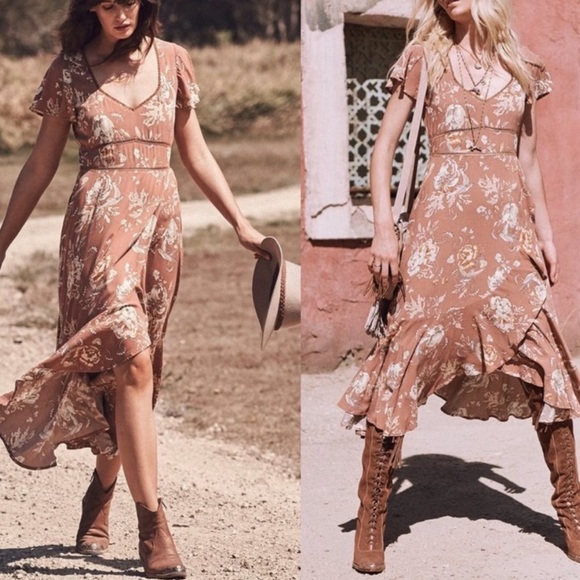 SPELL Rosa Garden Party Floral Bird Print Short Sleeve Midi Dress Camel Size L - Picture 11 of 11